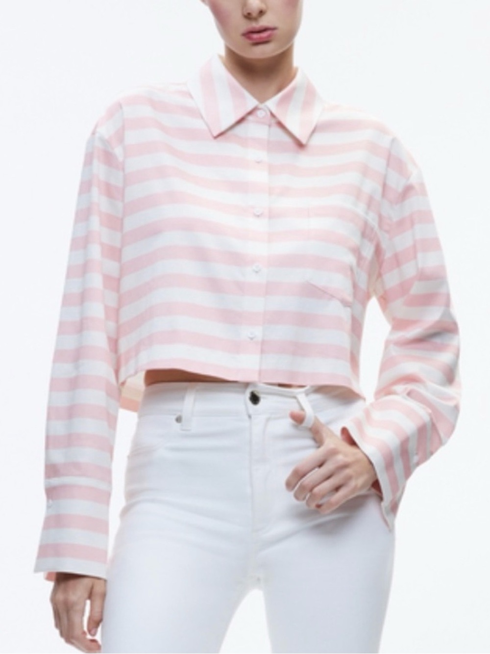 Alice + Olivia Finley Striped Cropped Button-Down Shirt - Pink & White